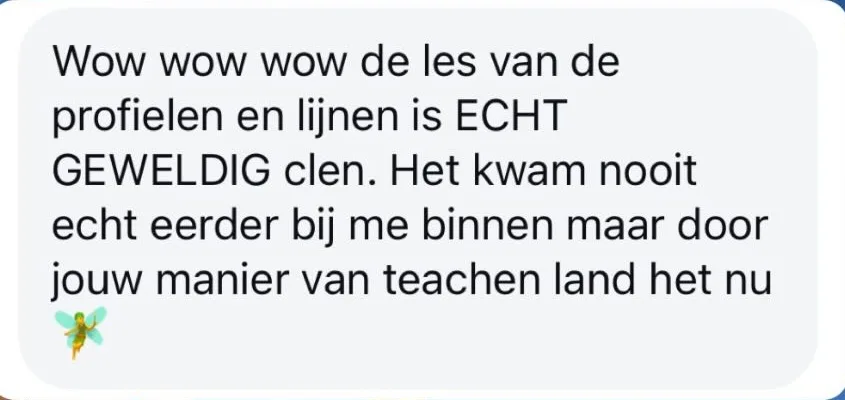 Reactie: "Wow wow wow de les van de profielen en lijnen is ECHT GEWELDIG clen. Het kwam nooit echt eerder bij me binnen maar door jouw manier van teachen land het nu"