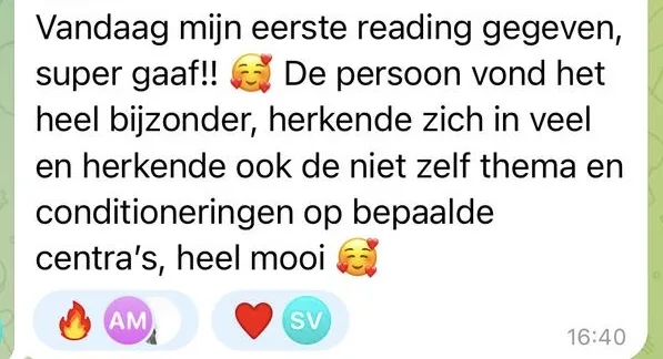 Reactie: "Vandaag mijn eerste reading gegeven, super gaaf!! De persoon vond het heel bijzonder, herkende zich in veel en herkende ook de niet zelf thema en conditioneringen op bepaalde centra's, heel mooi"