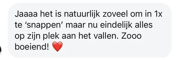 Reactie: "Jaaaa het is natuurlijk zoveel om in 1x te 'snappen' maar nu eindelijk alles op zijn plek aan het vallen. Zooo boeiend!"